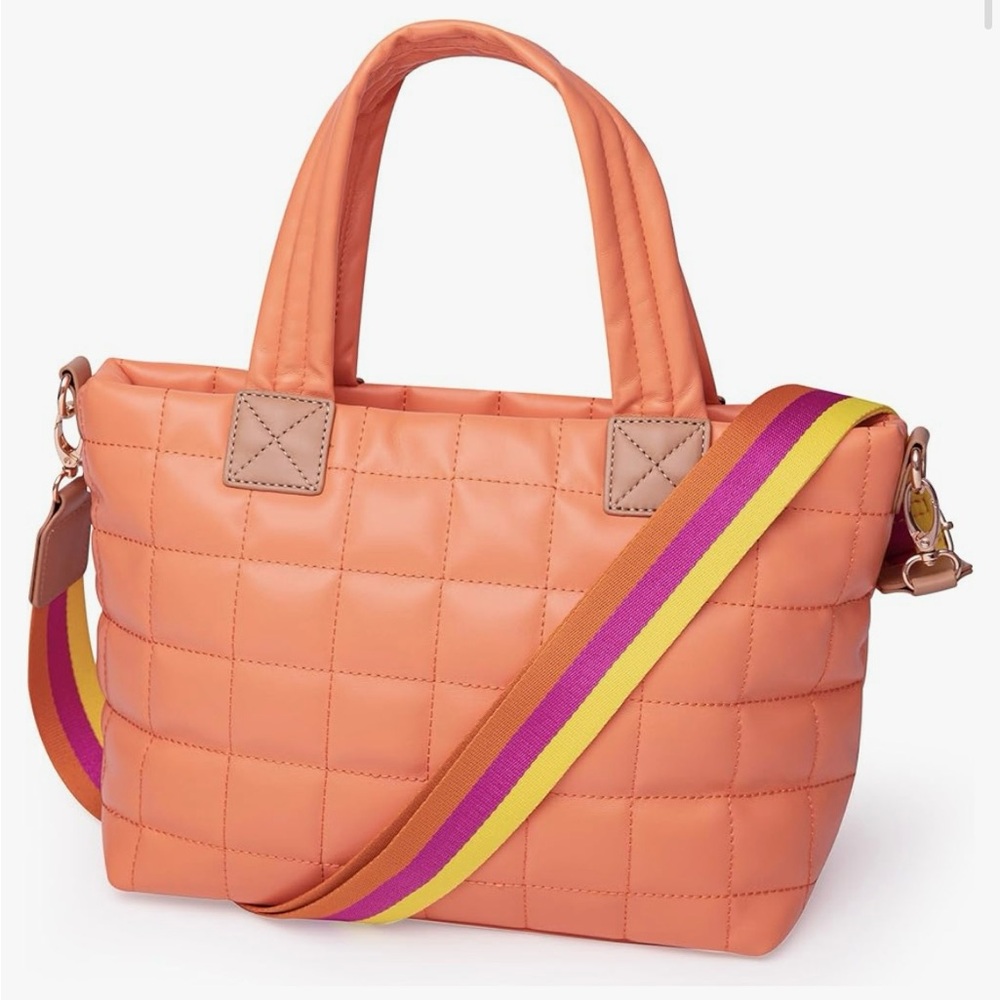 Peach color puffer tote with crossbody strap brand, new adjustable and removable